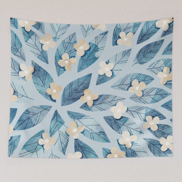 Item preview, Cute pale beige flowers and bold blue bay leaves on light blue background. Botanical illustration. designed and sold by helga-wigandt.