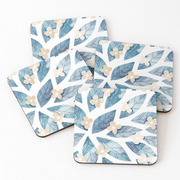 Item preview, Cute pale beige flowers and bold blue bay leaves on white background. Botanical illustration. designed and sold by helga-wigandt.