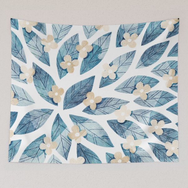 Item preview, Cute pale beige flowers and bold blue bay leaves on white background. Botanical illustration. designed and sold by helga-wigandt.