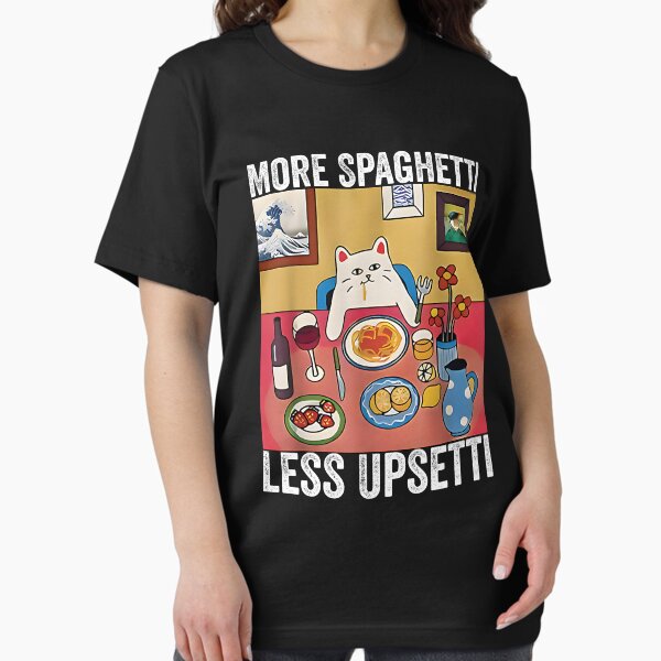 Vista previa del artículo con la obra «Más espaguetis, menos malestar, gato, comida divertida, humor, pasta», diseñado y vendido por GELPADON15.
