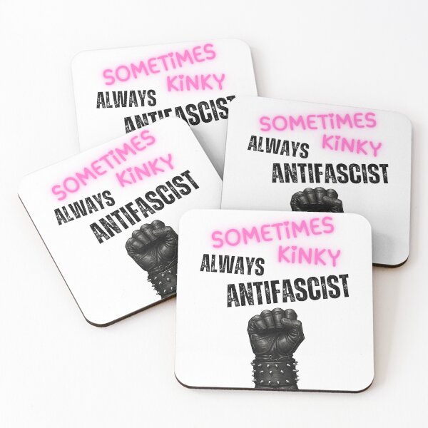 Item preview, Sometimes Kinky Always Antifascist mixed fonts, leather glove with fist and spikes designed and sold by Dollycat Industries.