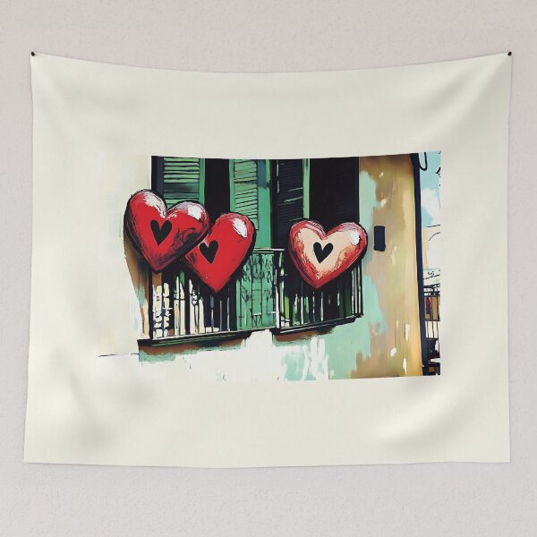 Item preview, Whispers of Love - A Valentine Balcony Where Hearts and Stories Linger Adorned with Bold Hearts and Green Shutters designed and sold by OlfactoART Studio.