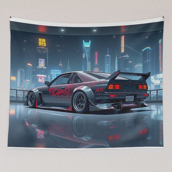 Item preview, Tuned Nissan in the showroom with city in the background, cyberpunk style designed and sold by Salimgor Hangaround Music.