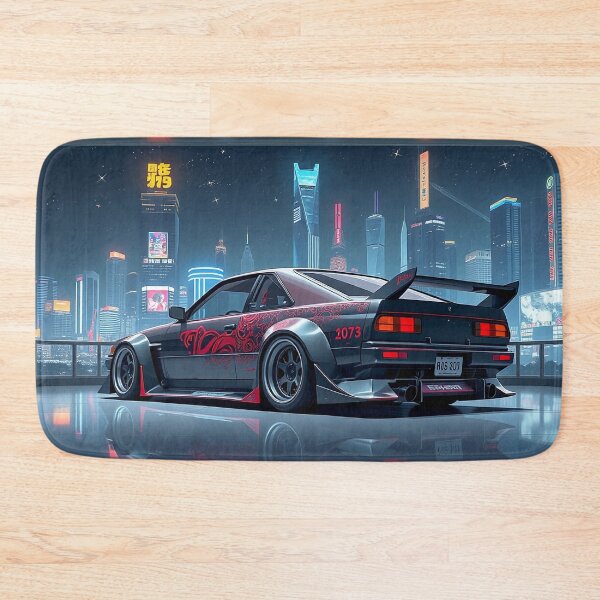 Item preview, Tuned Nissan in the showroom with city in the background, cyberpunk style designed and sold by Salimgor Hangaround Music.