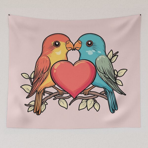 Item preview, Cute two love birds cartoon with hearts sitting on a branch. designed and sold by FluffyGallery.