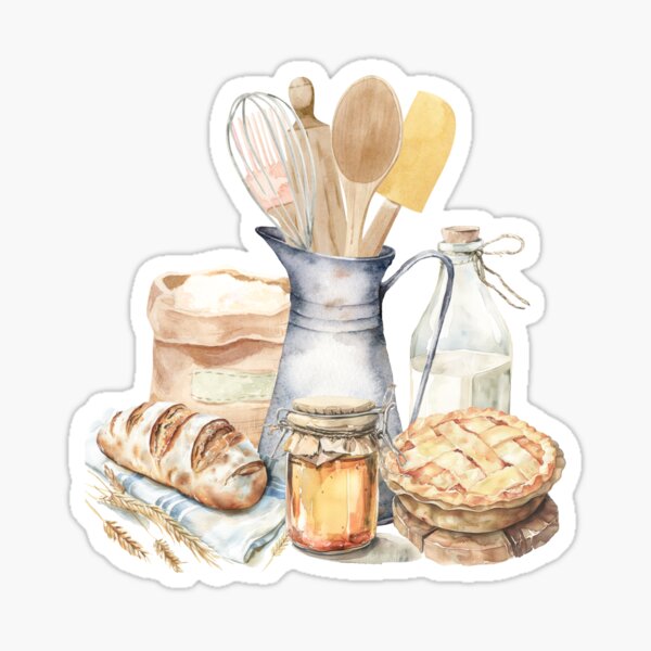 Watercolor Kitchen Utensils and Baking Supplies Aesthetic Sticker