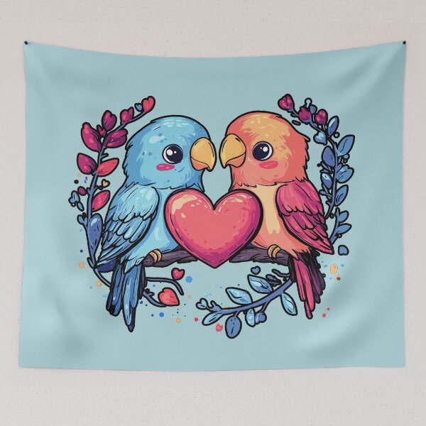 Item preview, Cute two love birds cartoon with hearts perched on a rose branch. designed and sold by FluffyGallery.
