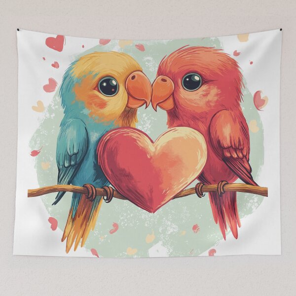 Item preview, Cute two love birds cartoon with hearts perched on a branch on a light green background full of small hearts. designed and sold by FluffyGallery.