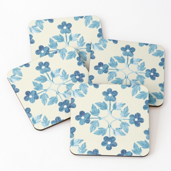 Item preview, Blue leaves and flowers floral tile on light beige background. Bohemial symmetric tile design. Stylized flowers. designed and sold by helga-wigandt.