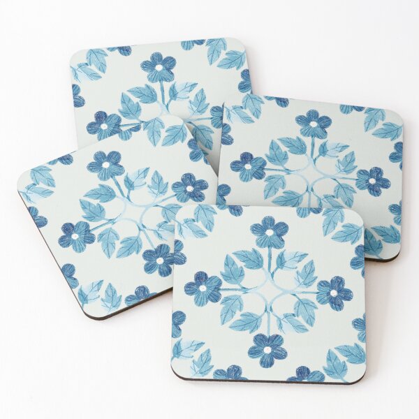 Item preview, Blue leaves and flowers floral tile on light grey background. Bohemial symmetric tile design. Stylized flowers. designed and sold by helga-wigandt.