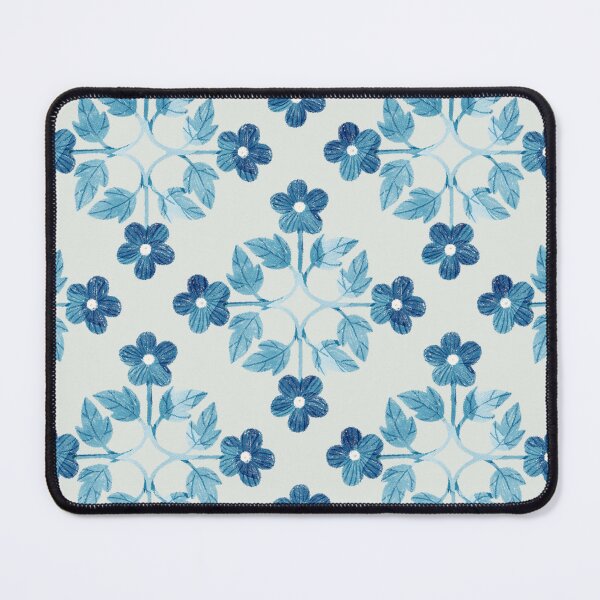 Item preview, Blue leaves and flowers floral tile on light grey background. Bohemial symmetric tile design. Stylized flowers. designed and sold by helga-wigandt.