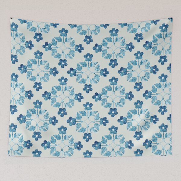 Item preview, Blue leaves and flowers floral tile on light grey background. Bohemial symmetric tile design. Stylized flowers. designed and sold by helga-wigandt.