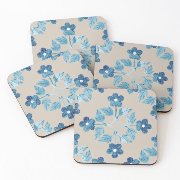 Item preview, Blue leaves and flowers floral tile on taupe background. Bohemial symmetric tile design. Stylized flowers. designed and sold by helga-wigandt.