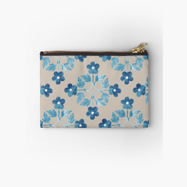 Item preview, Blue leaves and flowers floral tile on taupe background. Bohemial symmetric tile design. Stylized flowers. designed and sold by helga-wigandt.