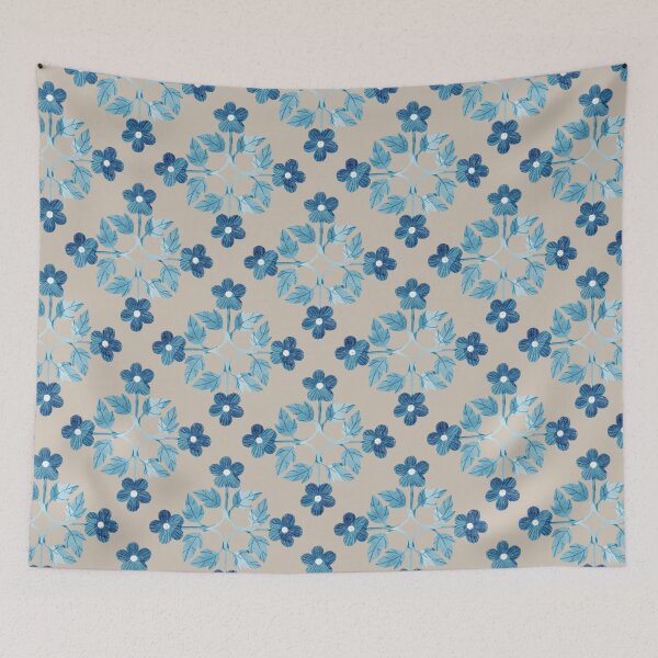 Item preview, Blue leaves and flowers floral tile on taupe background. Bohemial symmetric tile design. Stylized flowers. designed and sold by helga-wigandt.
