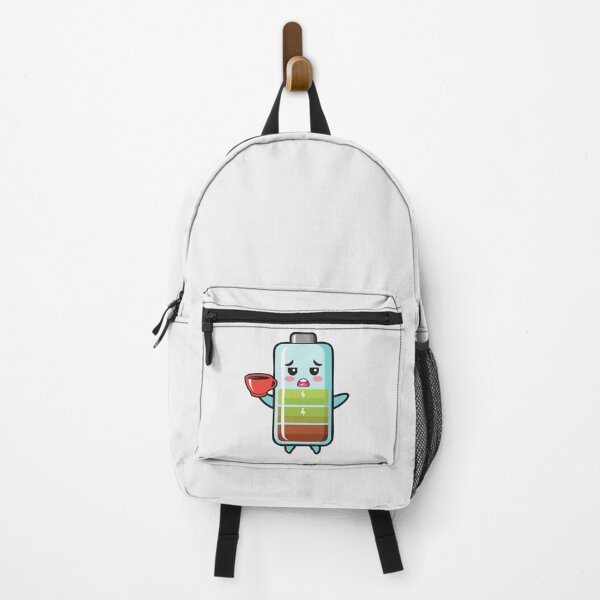 Item preview, A sad chibi battery icon with droopy eyes, showing a blinking red 5% charge, and holding a tiny coffee cup for extra energy, cartoon character T-shirt, Sticker designed and sold by Little KAIJU.