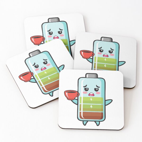 Item preview, A sad chibi battery icon with droopy eyes, showing a blinking red 5% charge, and holding a tiny coffee cup for extra energy, cartoon character T-shirt, Sticker designed and sold by Little KAIJU.
