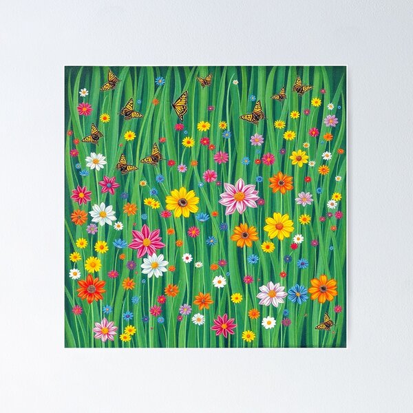 Springtime with flowers and butterflies, Spring meadow with flowers and butterflies Poster