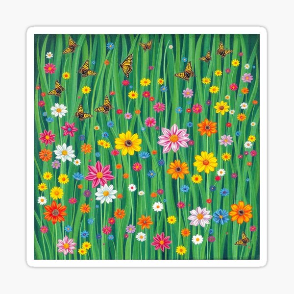 Springtime with flowers and butterflies, Frühlingswiese mit Blumen und Schmetterlingen Sticker