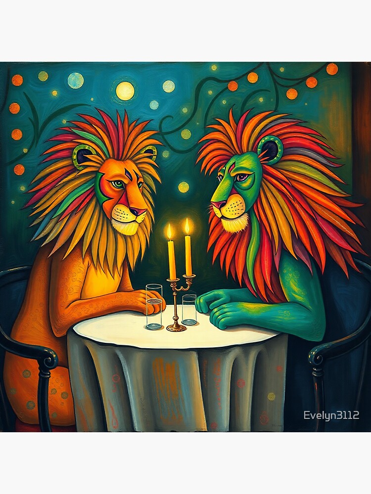 Thumbnail 3 von 3, Sticker, Two lions having a drink at a table Zwei Löwen mit Drinks am Tisch, designt und verkauft von Evelyn3112.