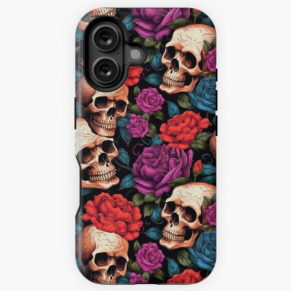 Vista previa del artículo con la obra «Patrón de calavera gótica colorida | Diseño de calavera y rosa | Estética floral oscura | Arte de calavera vanguardista», diseñado y vendido por Golden Cherry Creative.