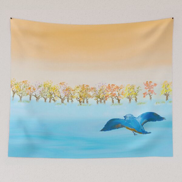 Item preview, A blue bird flying towards colorful trees  designed and sold by greenPQBstudio.