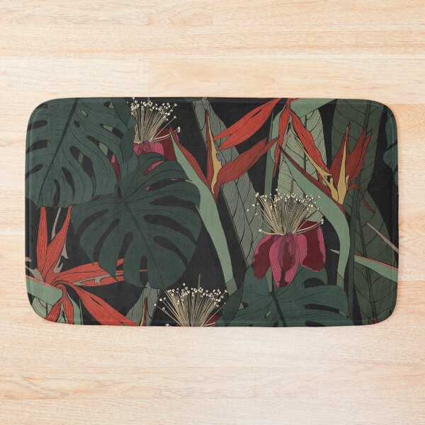 Item preview, Large flowers, buds and leaves, strelitzia and feijoa on a black background. Seamless floral illustration. designed and sold by MatyKotiv.