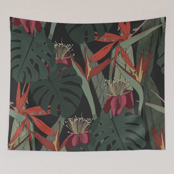 Item preview, Large flowers, buds and leaves, strelitzia and feijoa on a black background. Seamless floral illustration. designed and sold by MatyKotiv.