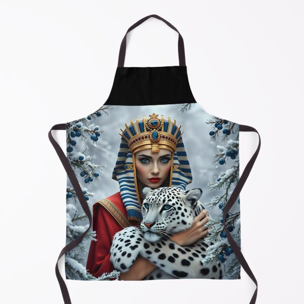 Vista previa del artículo con la obra «La dama faraona Cleopatra con un leopardo de las nieves en invierno entre pinos de arándanos, arte digital de fantasía», diseñado y vendido por EmeraldeaArt.