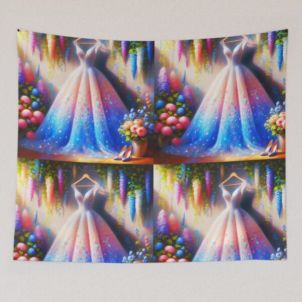 Item preview, Sparkling Cinderella dress gown  blue-white on hanger among flowers oil painting stye digitalart designed and sold by EmeraldeaArt.