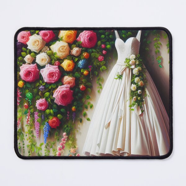 Item preview, Magical white wedding dress gown on hanger surrouned by flowers roses oil painting stye digitalart designed and sold by EmeraldeaArt.