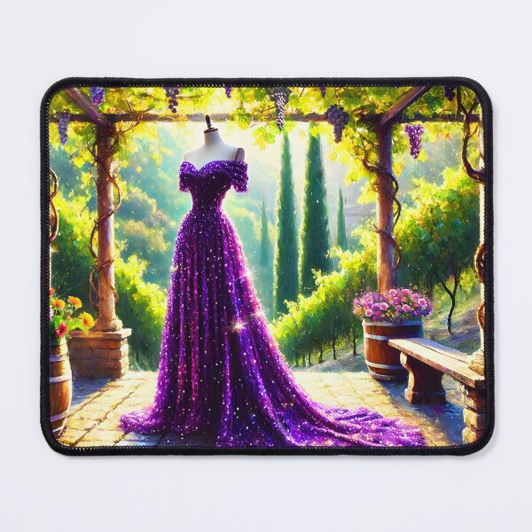 Item preview, Sparkling Grape Purple dress gown on a vineyard terrace summer oil painting stye digitalart designed and sold by EmeraldeaArt.