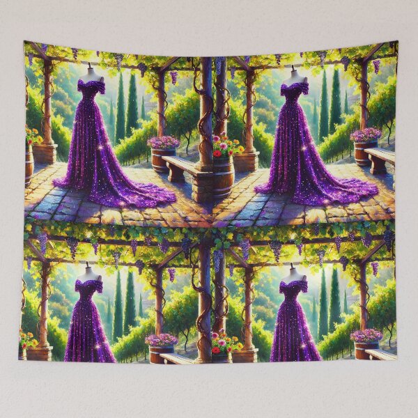Item preview, Sparkling Grape Purple dress gown on a vineyard terrace summer oil painting stye digitalart designed and sold by EmeraldeaArt.