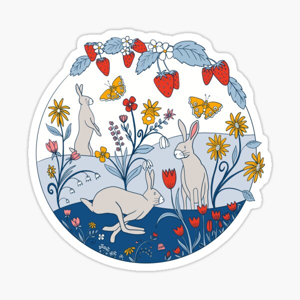 Aperçu de l'œuvre Lapins et fraises, scène d'art populaire avec lapins et fleurs, printemps créée et vendue par SimplySommerArt.
