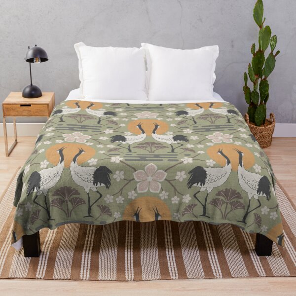 Item preview, Serene harmonious Japandi style dancing cranes linen textured 1 designed and sold by Designsbyluzia.