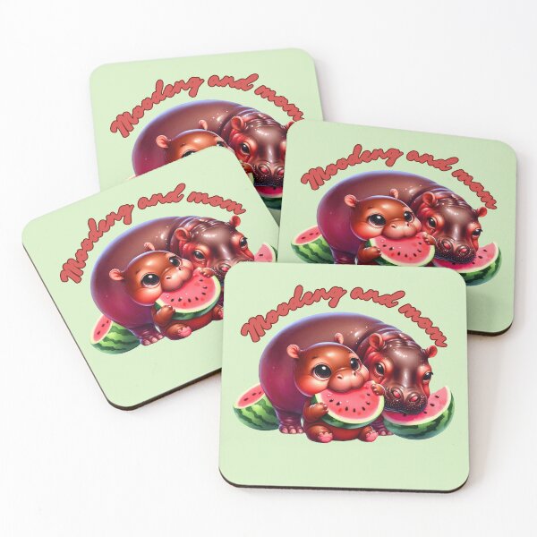 Item preview, Moodeng pygmy hippo and mom eat watermelon (light green background) designed and sold by Ningodino.