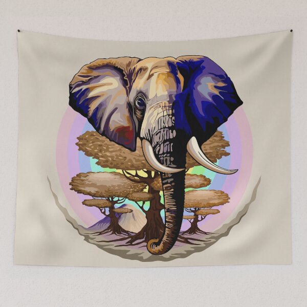 Item preview, African Elephant, Acacias and Kilimanjaro Mountain on Soft Pastel Rainbow designed and sold by BluedarkArt.