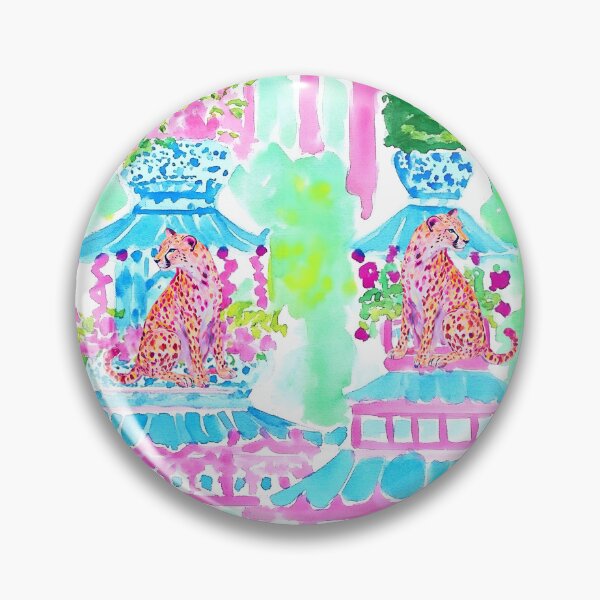 Item preview, Grandmillennial art, Pink cheetah in pagoda garden stripe designed and sold by SophieClimaArt.