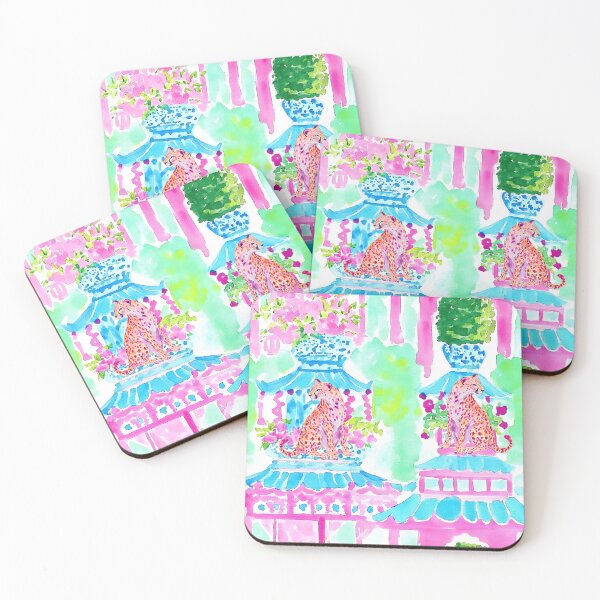Item preview, Grandmillennial art, Pink cheetah in pagoda garden stripe designed and sold by SophieClimaArt.
