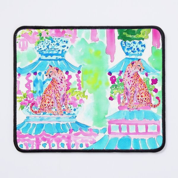 Item preview, Grandmillennial art, Pink cheetah in pagoda garden stripe designed and sold by SophieClimaArt.