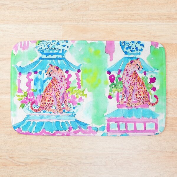 Item preview, Grandmillennial art, Pink cheetah in pagoda garden stripe designed and sold by SophieClimaArt.