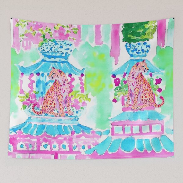 Item preview, Grandmillennial art, Pink cheetah in pagoda garden stripe designed and sold by SophieClimaArt.