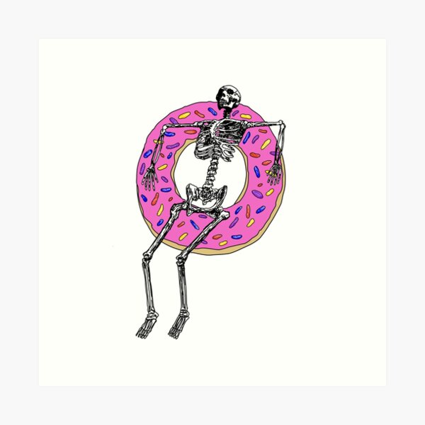 Aperçu de l'œuvre Squelette flottant dans un beignet rose créée et vendue par LillustrationsUK.