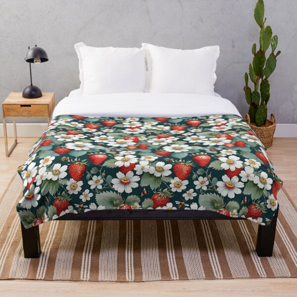 Item preview, Red Strawberries Bees And White Flowers On Forest Green Background designed and sold by CarrollGene.