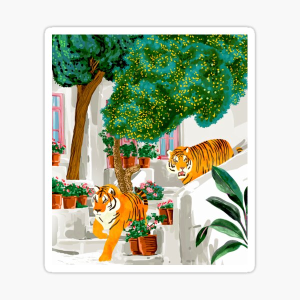 Vista previa del artículo con la obra «Tigres en Grecia | Arquitectura de viaje de Santorini, pintura de animales de vida silvestre | Ilustración de acuarela», diseñado y vendido por 83oranges.