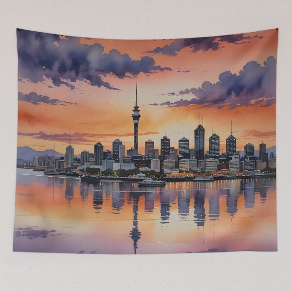 Item preview, Auckland Skyline at Sunset: Iconic Sky Tower & Silhouetted Cityscape designed and sold by LSVart.