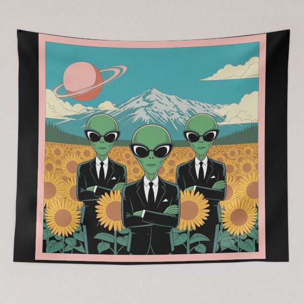 Item preview, three green-skinned aliens with large black eyes, wearing black suits, white shirts, black sunglasses and black ties, standing confidently in a vast sunflower field designed and sold by 123ks.