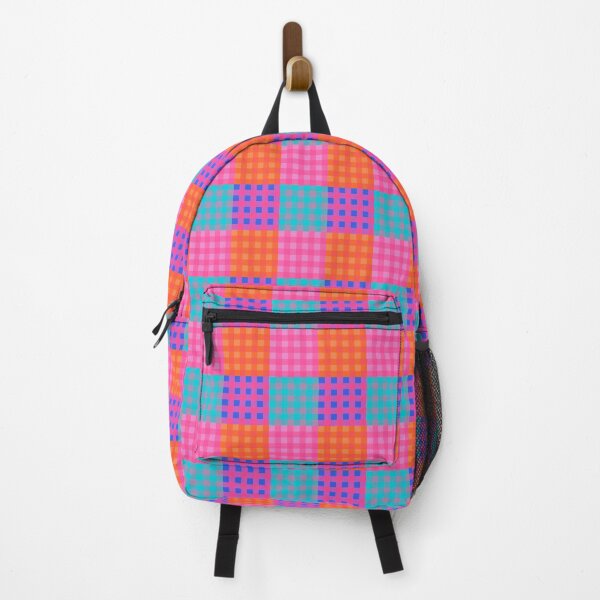 Vista previa del artículo con la obra «Cuadrícula de cuadros rosa, naranja y azul», diseñado y vendido por OneThreeSix.