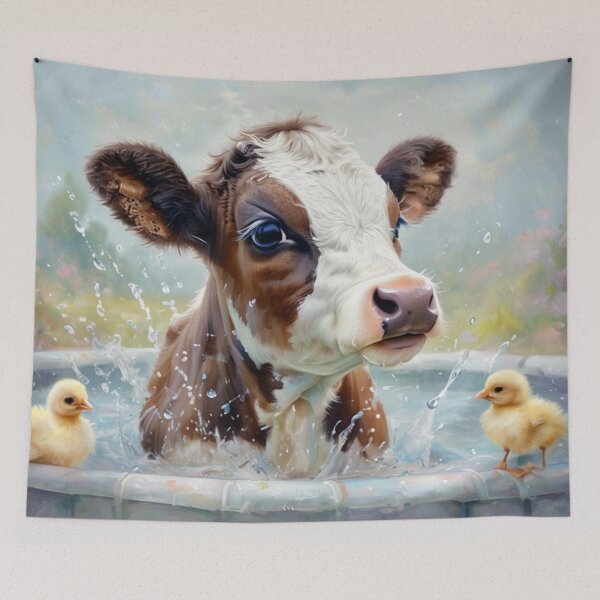 Artikelvorschau, Baby Kuh und Enten plantschen in einer Wanne entworfen und verkauft von EccentricsByE.