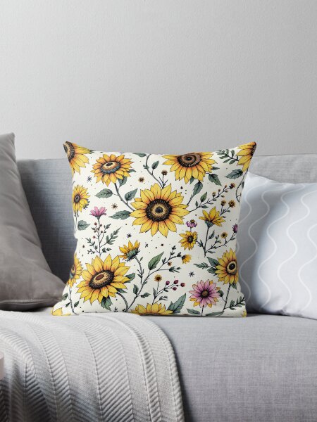 Item preview, modern farmhouse outdoor pillows, Sunny Sunflower Meadow Pattern, Vibrant Sunflower Field Pattern, Happy Sunflower Garden Pattern, designed and sold by 2Motivation.